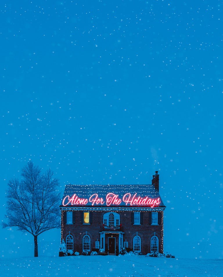 A brick house decorated with 'Alone For The Holidays' lights in a snowy winter scene.